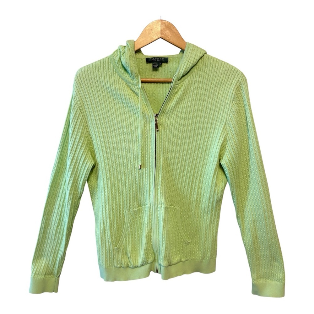 Lauren Ralph Lauren Lime Green Cable Knit Zip-Up Hooded Cardigan Sweater size XL - Picture 9 of 10